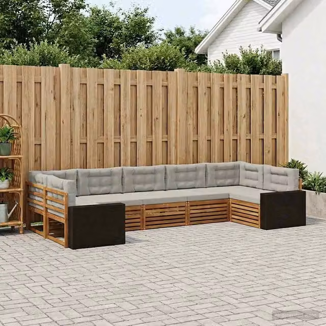 Set di divani da esterno a forma di U vidaXL in legno di acacia con cuscini, 7 pezzi, Marrone e Grigio – 1