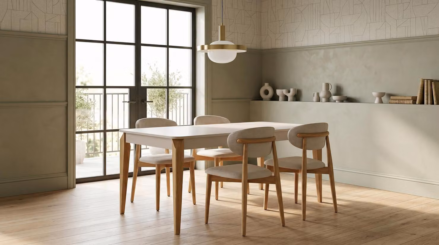 Tavolo da pranzo moderno beige con 4 sedie, senza braccioli, dal design elegante e confortevole