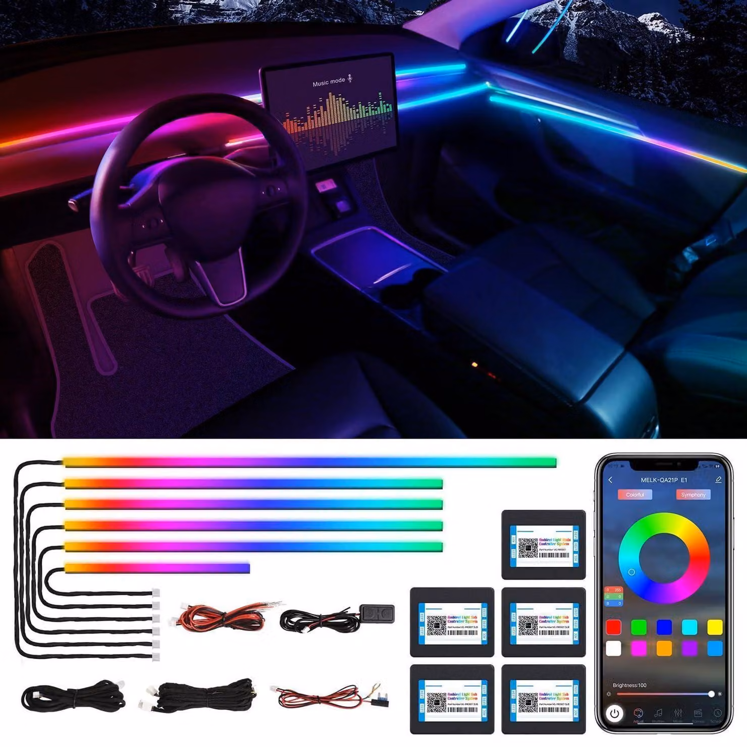 Illuminazione interna per auto a LED, controllo tramite app, RGB, 6 colori in 1, 600 LED, lunghezza 4,45 metri