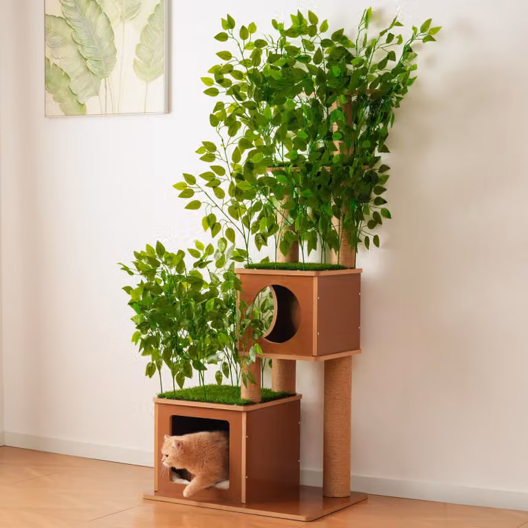 Albero per gatti Kratzbaum Baumdesign, altezza 175 cm, con foglie removibili, 2 tane, 2 piattaforme, rivestito in sisal, con cuscino morbido (verde)