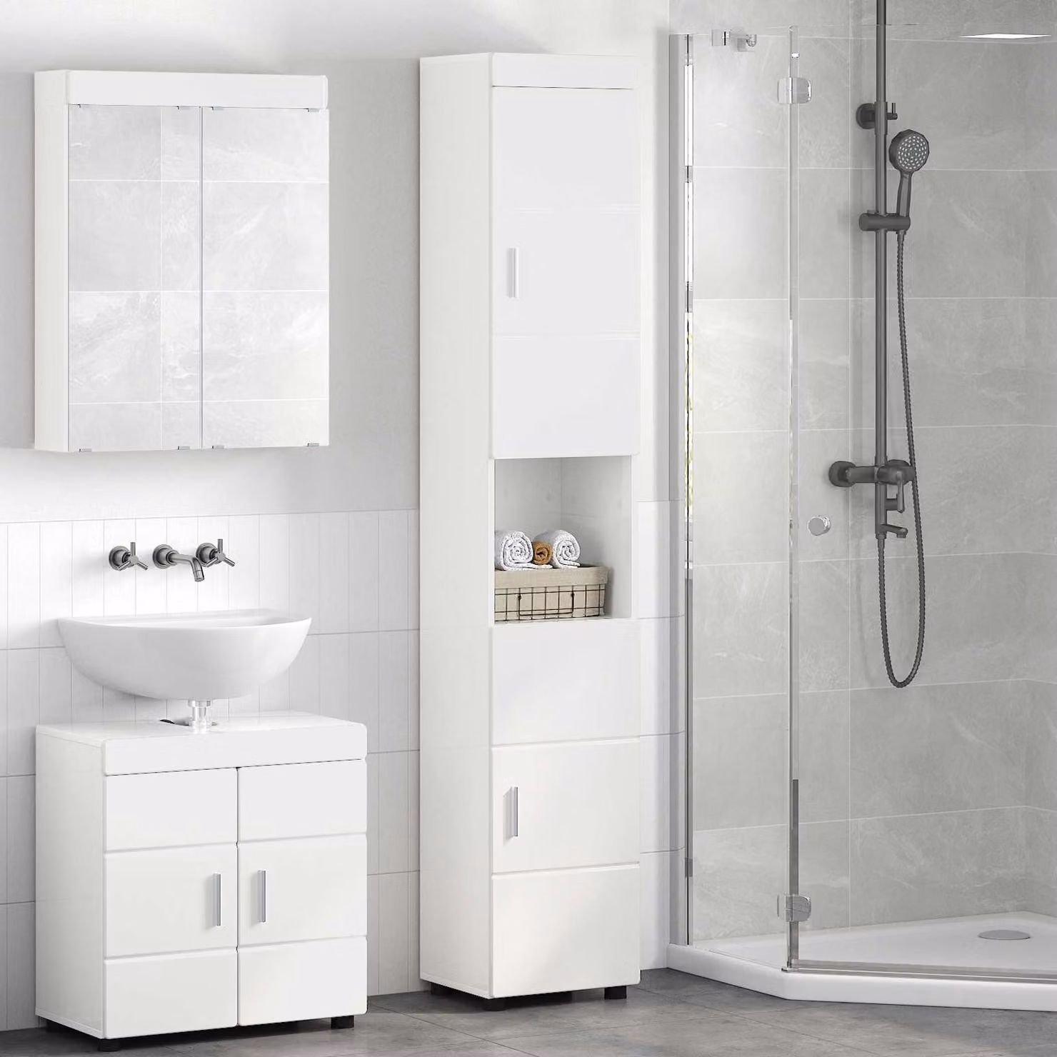 Set di armadi da bagno vidaXL TULUM bianco lucido L 37 cm, P 31,5 cm, H 203 cm
