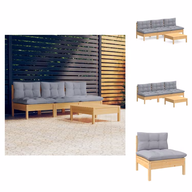 vidaXL Set di 4 pezzi da giardino con cuscini grigi in legno di pino - Set di mobili da giardino