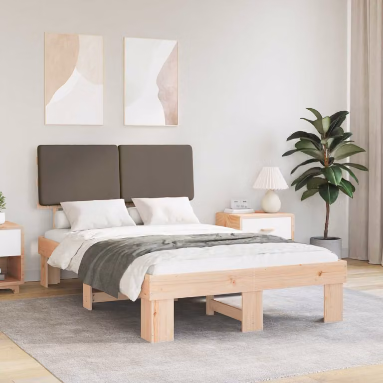 Letto con Testiera Rivestita vidaXL in Pino Massello, Colore Beige o Grigio, L/P/H: 120 x 200 cm