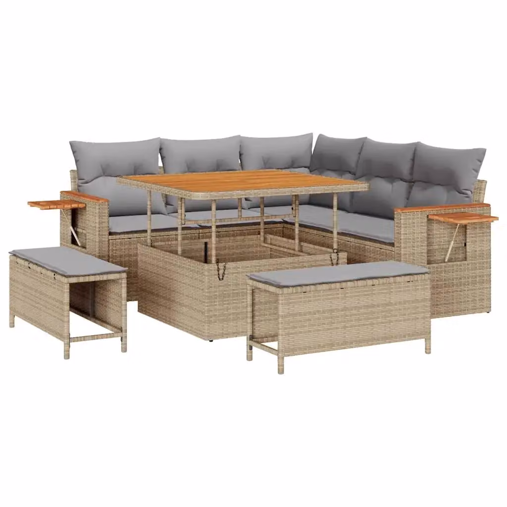 Set Divano da Giardino vidaXL 9 Pezzi a Forma di L con Tavolino e Cuscini Beige e Grigio – 2