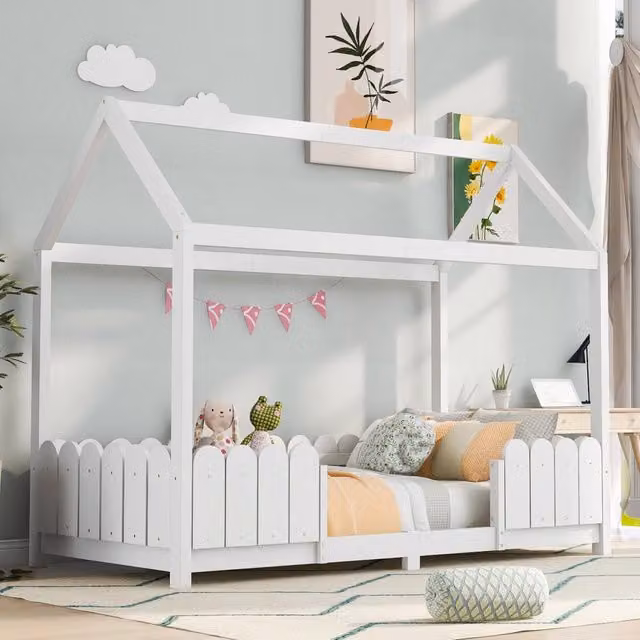 Letto a casetta per bambini in legno massiccio bianco con rete a doghe L/P/H: 200 x 90 x 120 cm