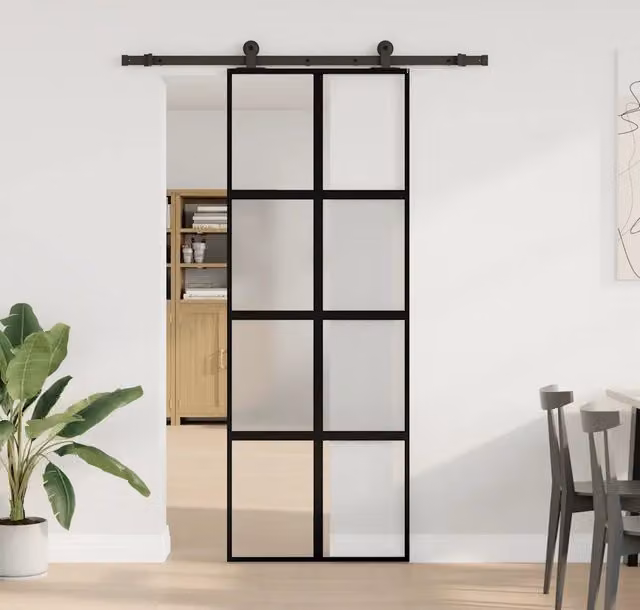 Porta Scorrevole Minimalista vidaXL in Vetro Trasparente e Alluminio Nero L: 76 cm, H: 205 cm
