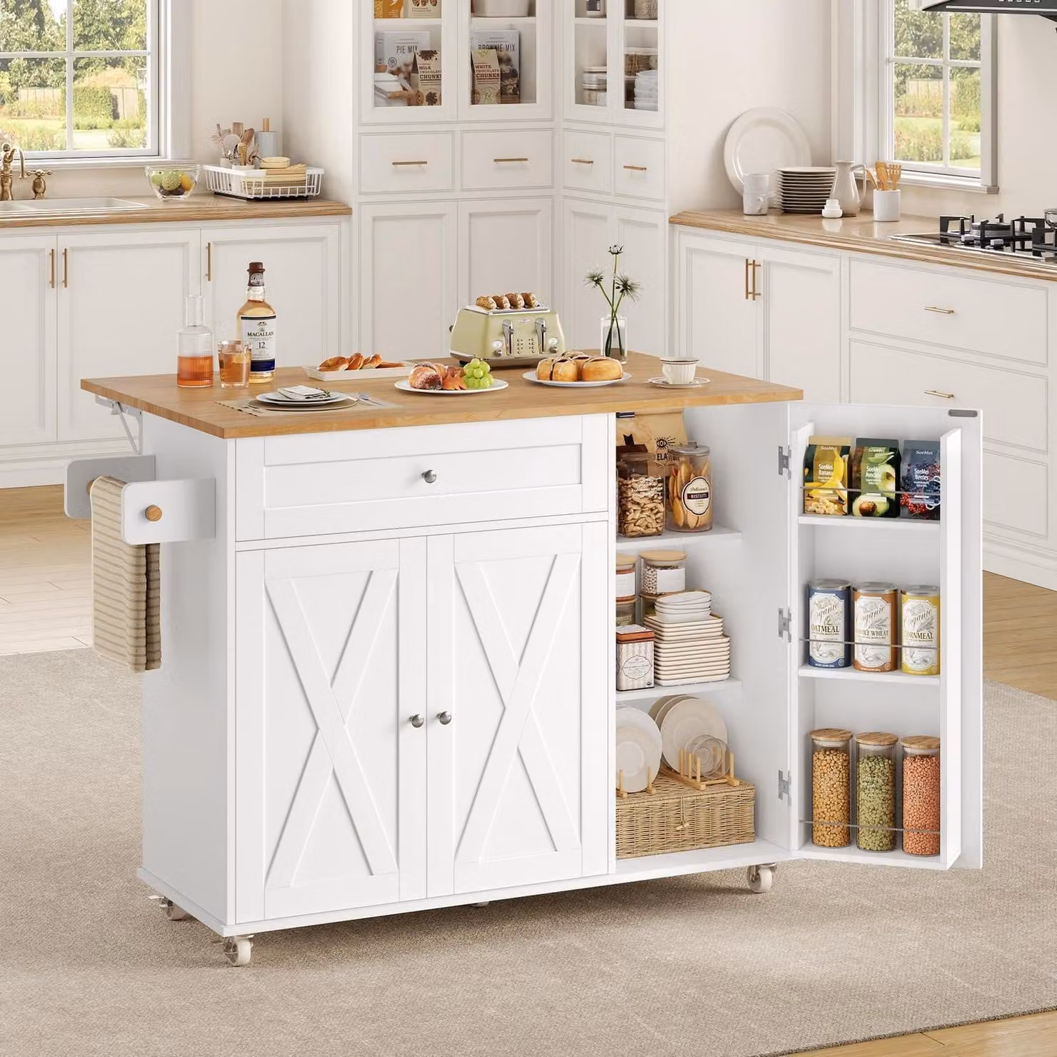 Isola da cucina con piano di lavoro pieghevole e cassetti, colore bianco