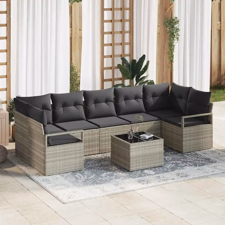 Set di divani da giardino vidaXL a forma di U composto da 8 pezzi in rattan grigio con struttura in acciaio e tavolino, ideale per il tuo terrazzo o giardino