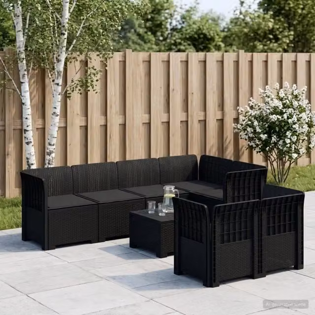 Set da giardino a L con divano da 7 posti vidaXL in polyrattan antracite e nero con cuscini inclusi