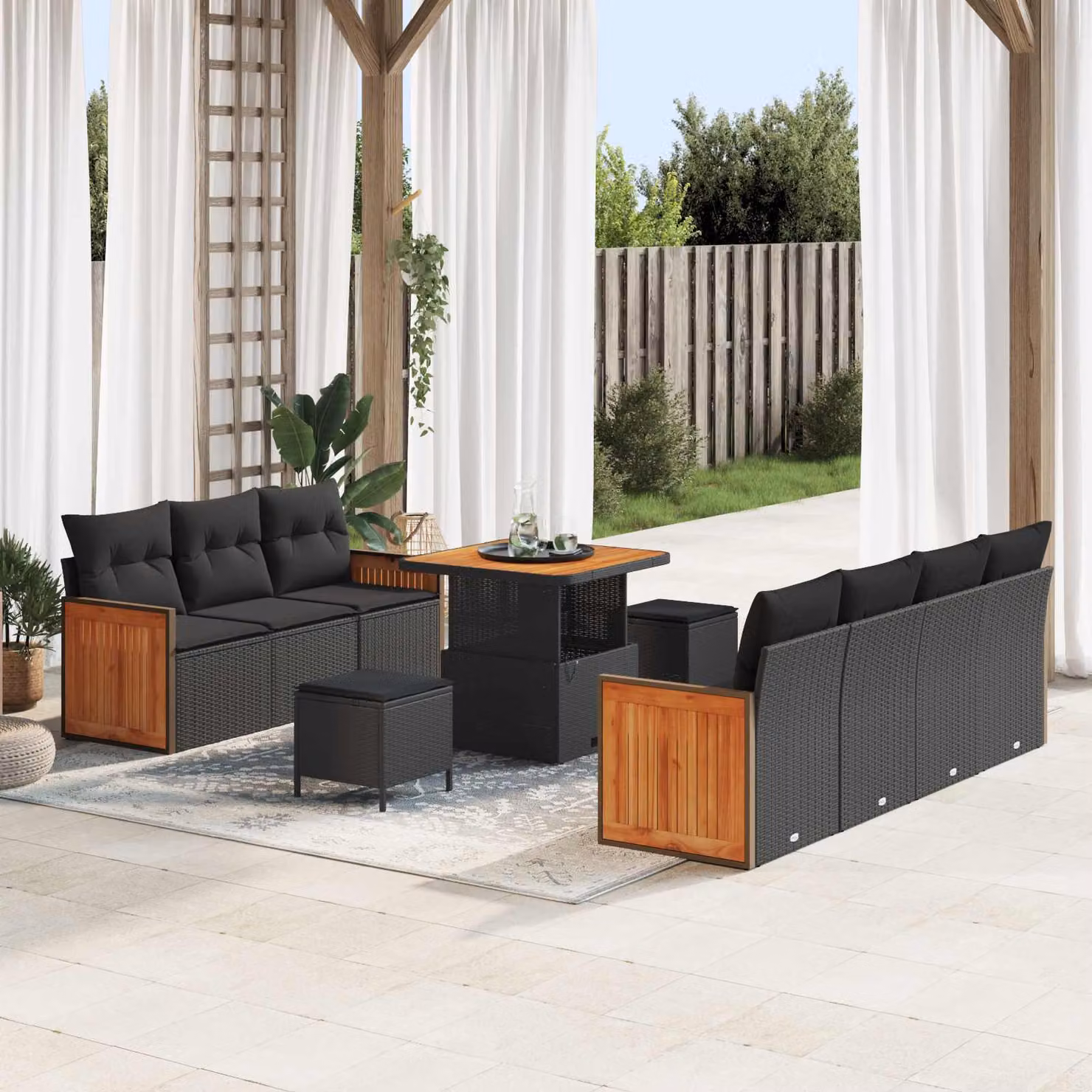 vidaXL Set Divano da Giardino 10 Pezzi con Cuscini e Tavolino Nero – 1