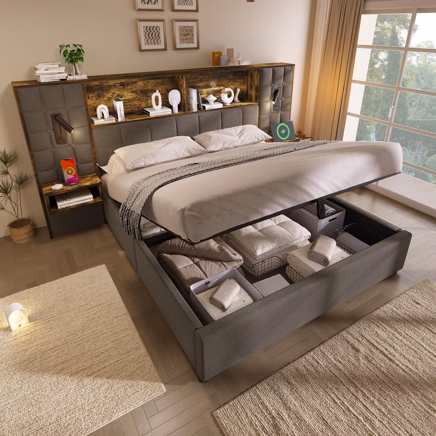 Letto idraulico con materasso imbottito Flieks 160x200 cm con comodini sospesi, letto matrimoniale con contenitore, luci di lettura e funzione di sollevamento, tessuto in lino, grigio