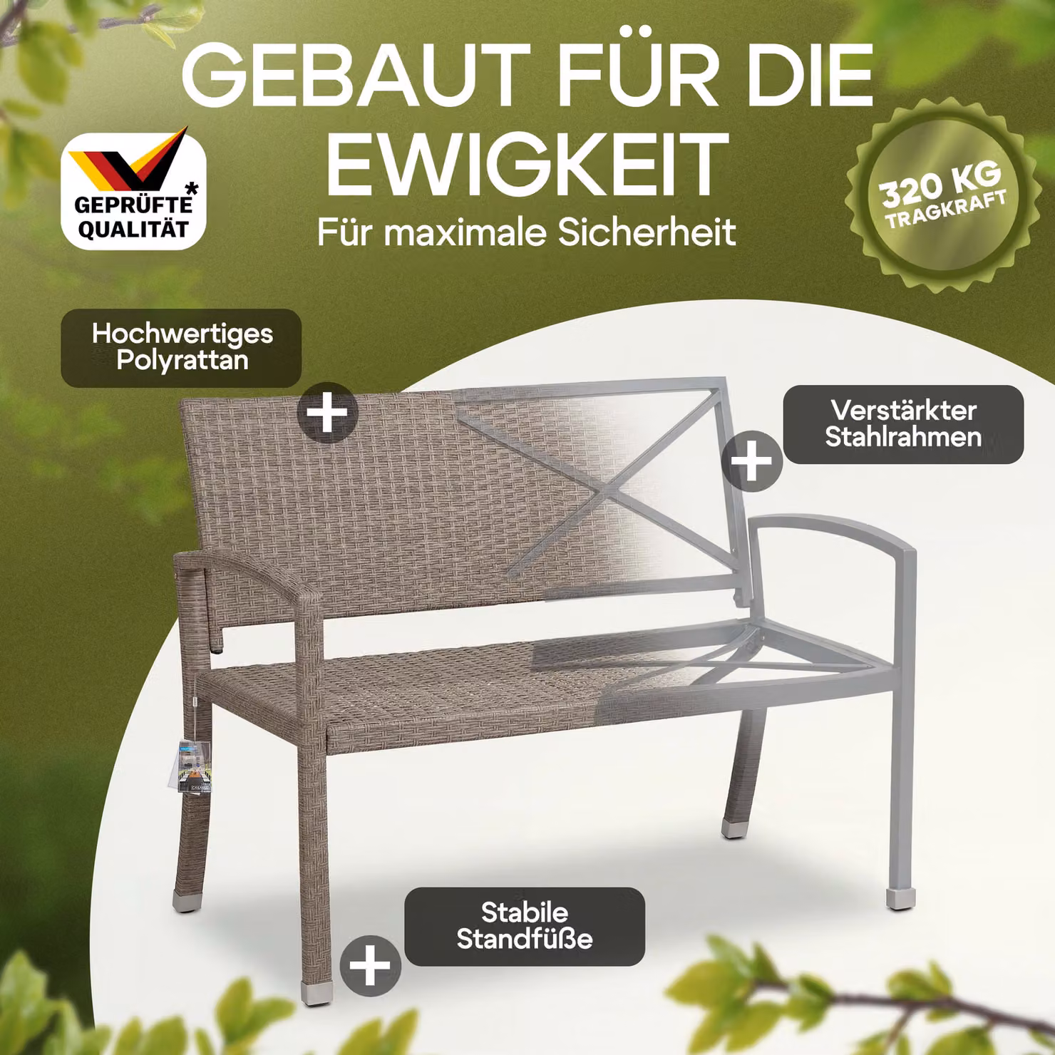 Panchina da giardino moderna Casaria in polyrattan beige con braccioli L: 122 cm, P: 55 cm, H: 90 cm – 4