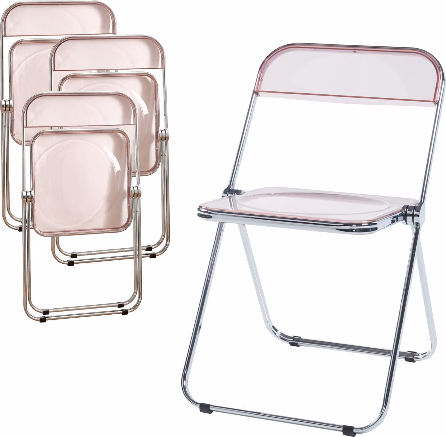 Sedia pieghevole 'Pornainen', set di 4 sedie con struttura in acciaio rosa, trasparente