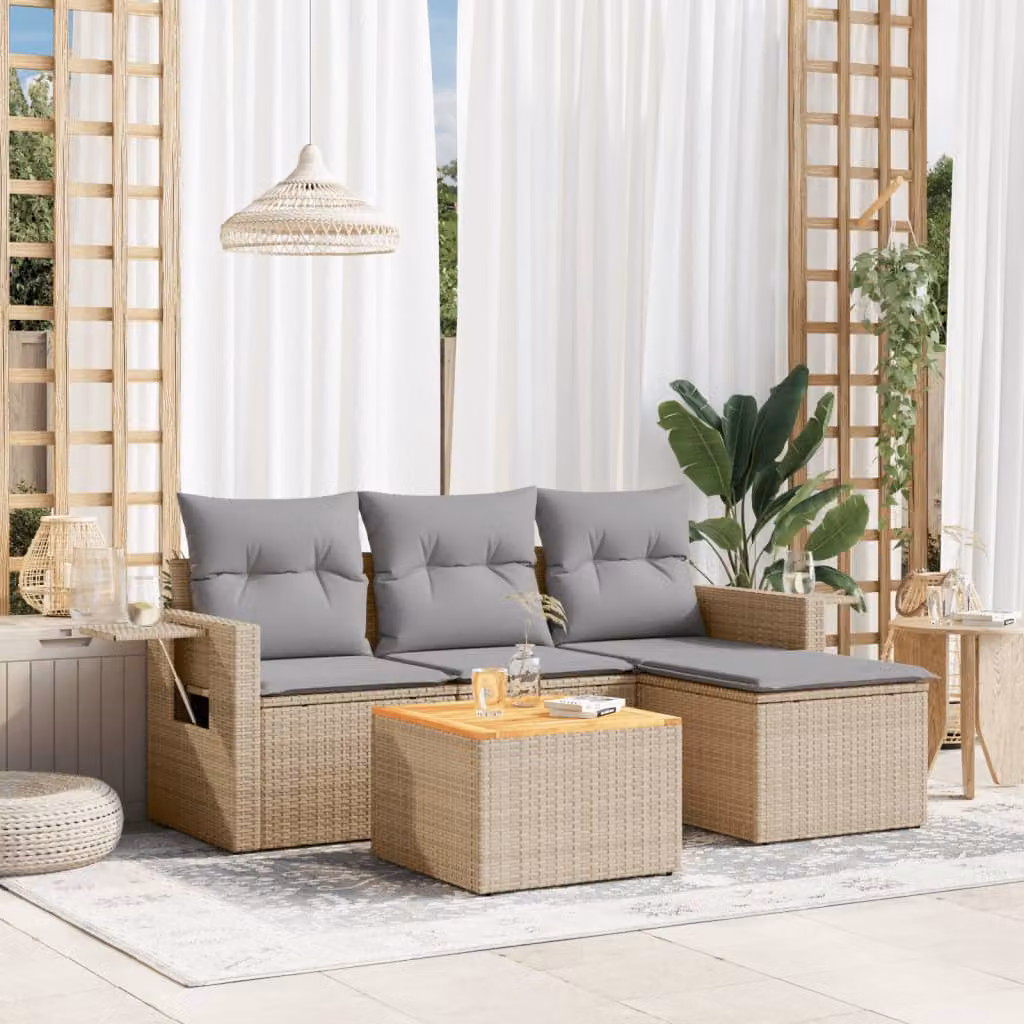 vidaXL Set Divano da Giardino a L in Polyrattan con Cuscini Beige e Grigio per Terrazza e Giardino – 1
