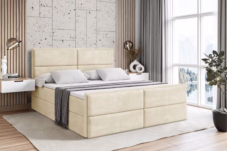 Letto boxspring ALTDECOR con pediera, materasso H3 e topper - 120x200 cm - AURA-Z - Velluto beige - Letto imbottito con contenitore e rete a doghe, letto con spazio contenitivo