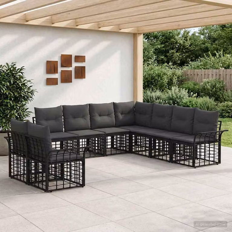 vidaXL Set di divani da esterno a forma di U composto da 9 pezzi, colore nero e grigio, con struttura in metallo e cuscini in poliestere resistente ai raggi UV