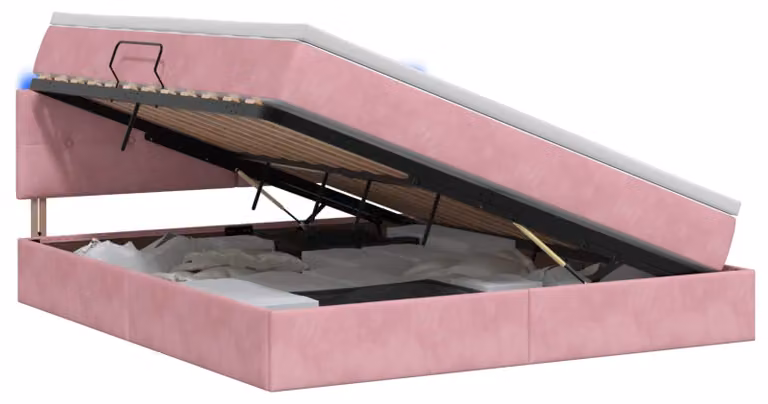 Letto imbottito con tecnologia LED e materasso rosa, dimensioni 160 x 200 cm, rivestito in velluto