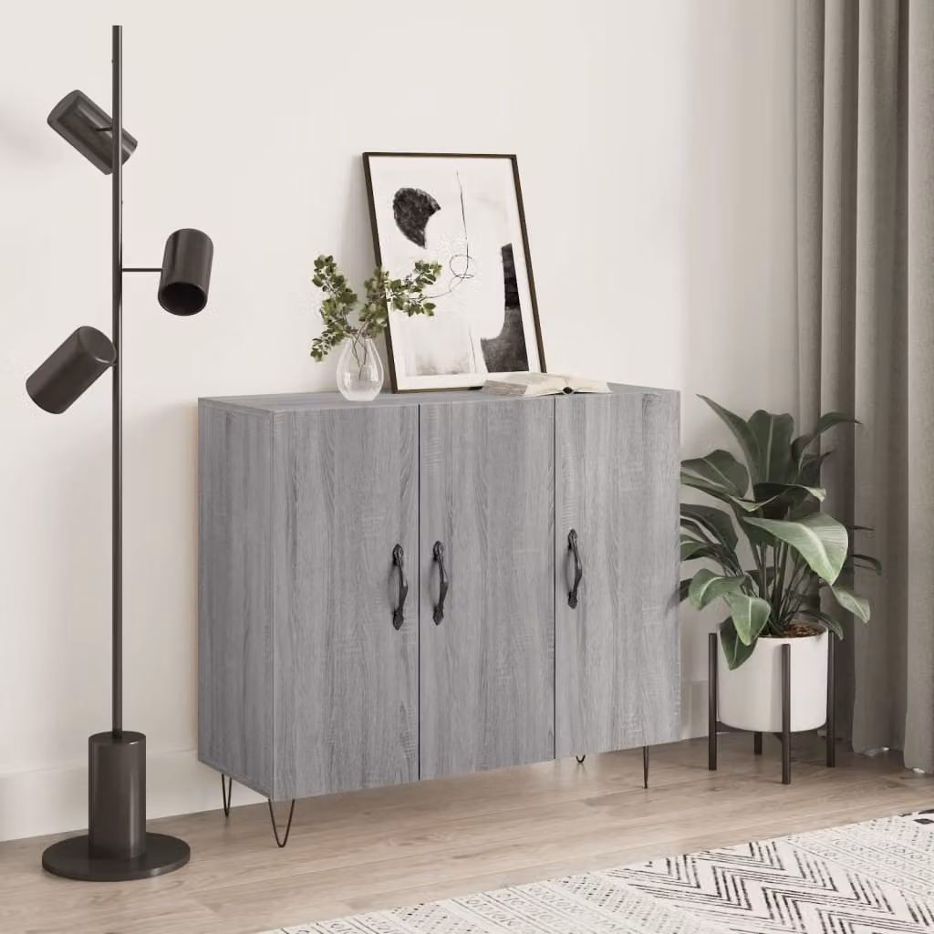 Credenza moderna vidaXL in legno multistrato e metallo, Grigio, L 90 x P 34 x H 80 cm