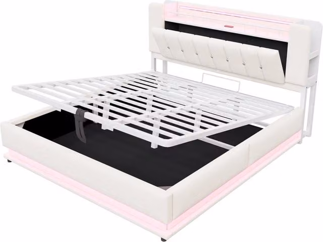 Letto imbottito 180x200 cm con illuminazione LED, porta USB, contenitore idraulico e rivestimento in velluto beige