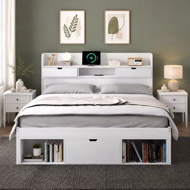 Letto matrimoniale 140x200 cm con porta USB, cassetti e armadietto, senza materasso, bianco