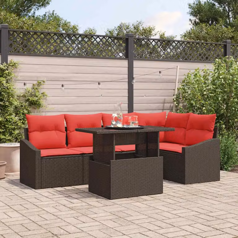 Set Divano da Giardino vidaXL 6 pz in Polyrattan Marrone e Rosso con Cuscini e Tavolino da Caffè