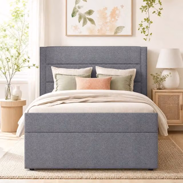 Letto singolo imbottito 90x200 cm con rete a doghe e ampio spazio contenitore, senza materasso, grigio