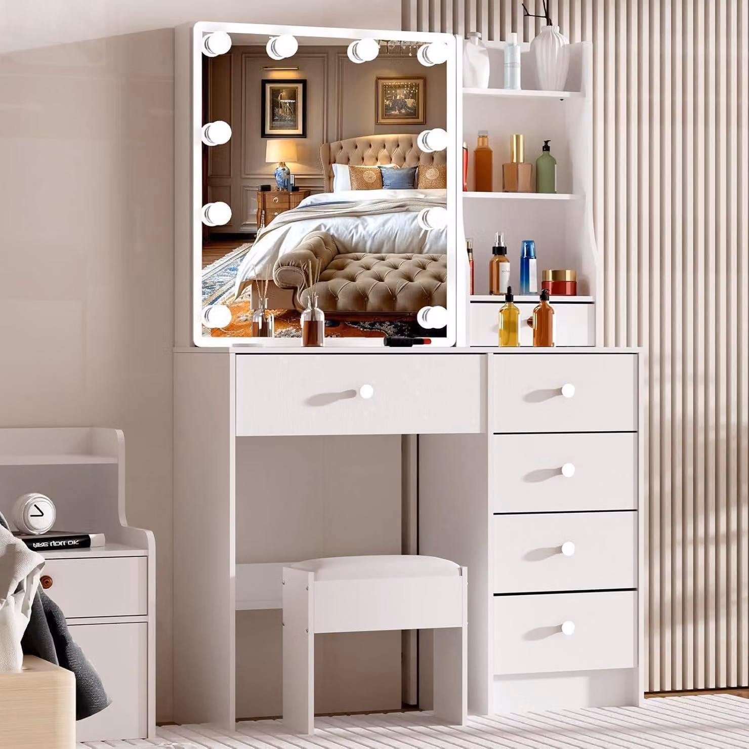 Comò da trucco con illuminazione a LED e cassetti, dimensioni 131x80x36 cm