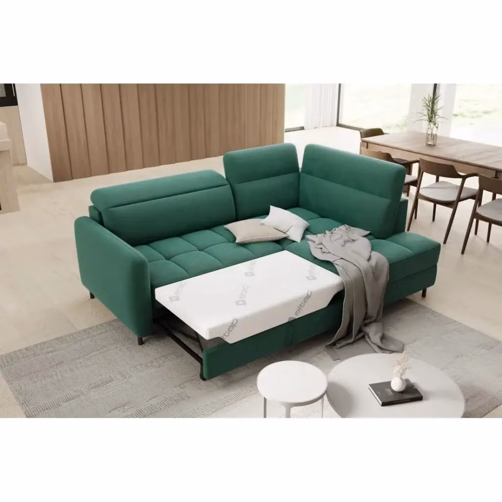 Divano angolare destro convertibile BARNEA MEUBLORAMA verde con contenitore, funzione letto e poggiatesta regolabile, L/P/H: 208 x 100 x 114 cm – 2