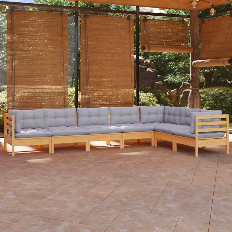 Set di divani da giardino vidaXL a forma di L in legno massello di pino con cuscini grigi, 7 pezzi