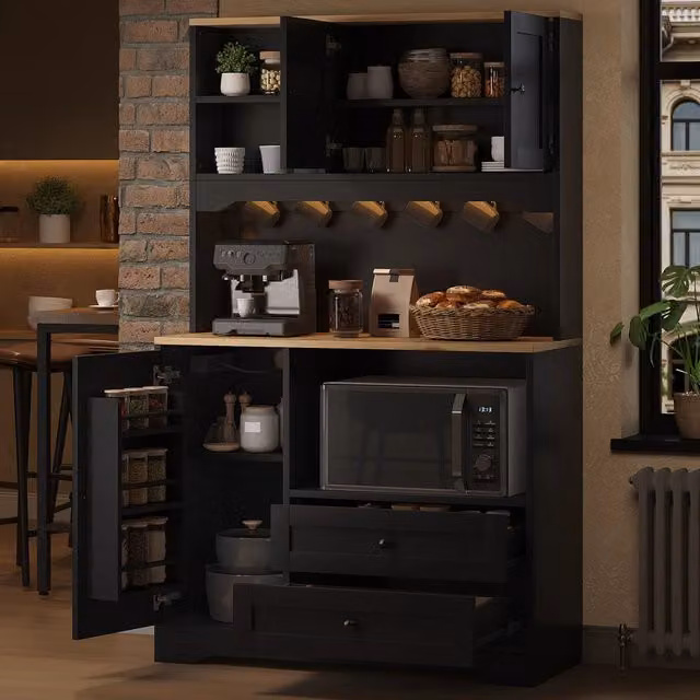 Mobile colonna da cucina con LED regolabile via app prese AC USB vano microonde ripiani regolabili nero 100 × 40 × 163 cm