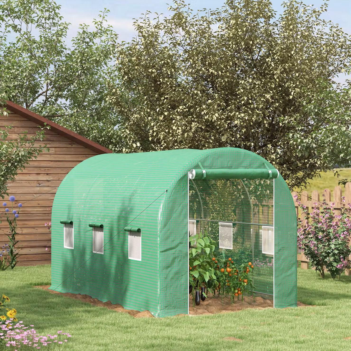 Serra da Giardino a Tunnel Outsunny da 8 m2, L/P/H: 4 x 2 x 2,05 m, Verde con Telaio in Acciaio e 6 Finestre Avvolgibili – 2