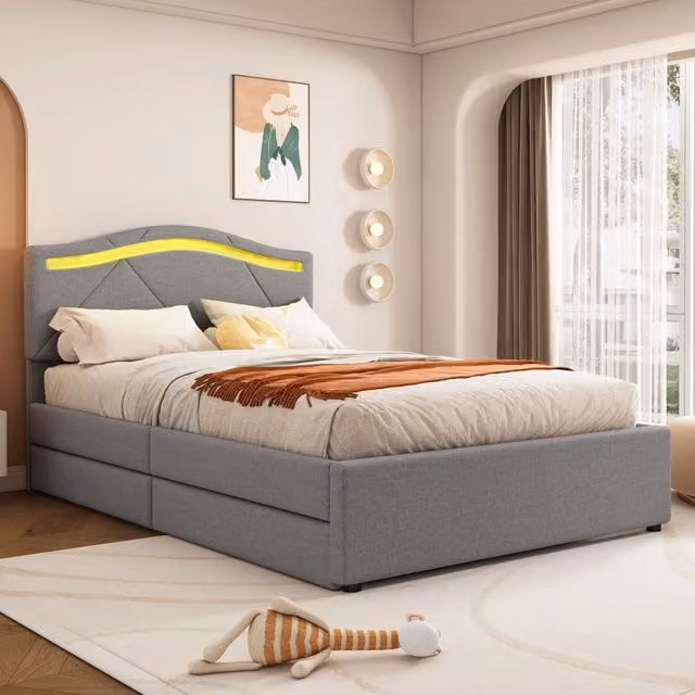 Letto imbottito KOMHTOM in lino grigio con cassetti, L/P/H: 200 x 90 x 104 cm