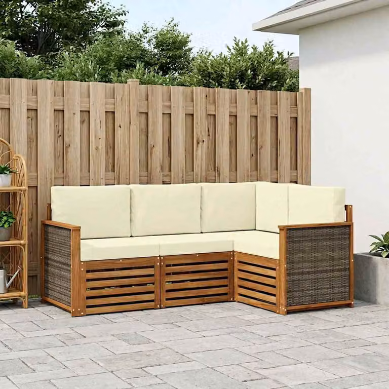 Set di divani da esterno vidaXL a forma di L composto da 4 pezzi in legno di acacia con cuscini beige e marroni in poliestere resistente ai raggi UV