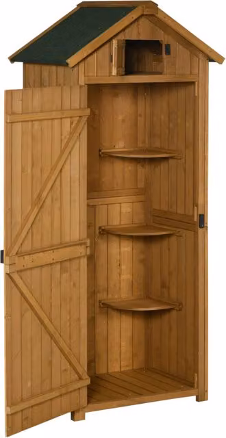 Casetta da giardino, ripostiglio per attrezzi, capanno per attrezzature con scaffali, tetto in asfalto, finestra, legno, giallo+verde, 77 x 54,2 x