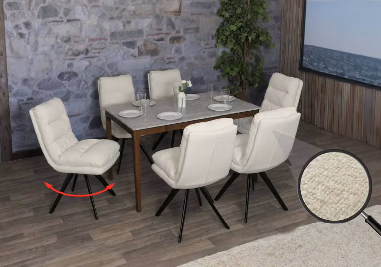Set da 6 sedie da sala da pranzo MCW-G66, sedie da cucina, girevoli con funzione di posizionamento automatico, rivestimento in tessuto bouclé MVG ~ bianco crema