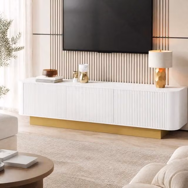 Mobile TV basso 170x40;5x47 cm con 3 ante; ripiano regolabile e passacavi; MDF e truciolare bianco
