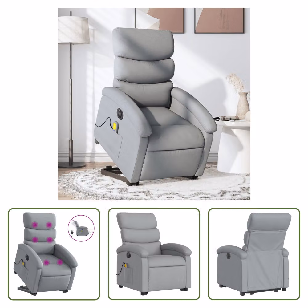The Living Store Poltrona massaggiante elettrica con ausilio per la posizione eretta Tessuto grigio chiaro