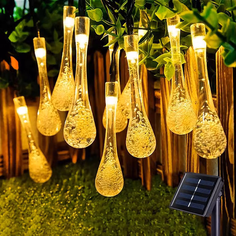 2 luci solari a forma di goccia d'acqua, 5m, H0113 bianco caldo