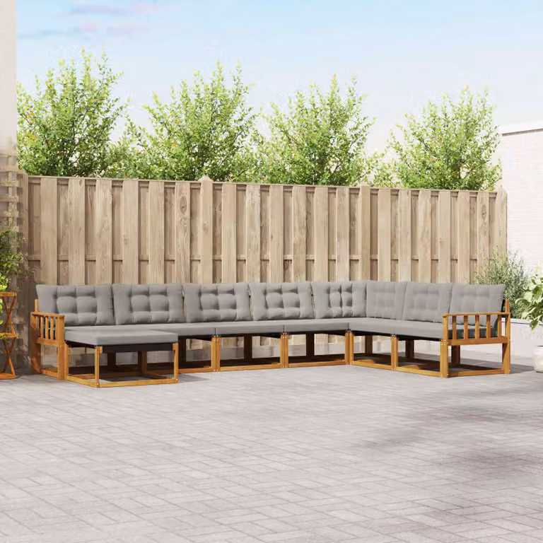 Set di divani da esterno vidaXL 8 pz in legno di acacia con cuscini grigi e tessuto textilene per giardino e terrazza