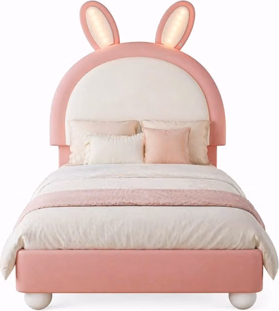 Letto singolo per bambini 90x200 in PU rosa e bianco con LED， testiera a coniglio， senza materasso