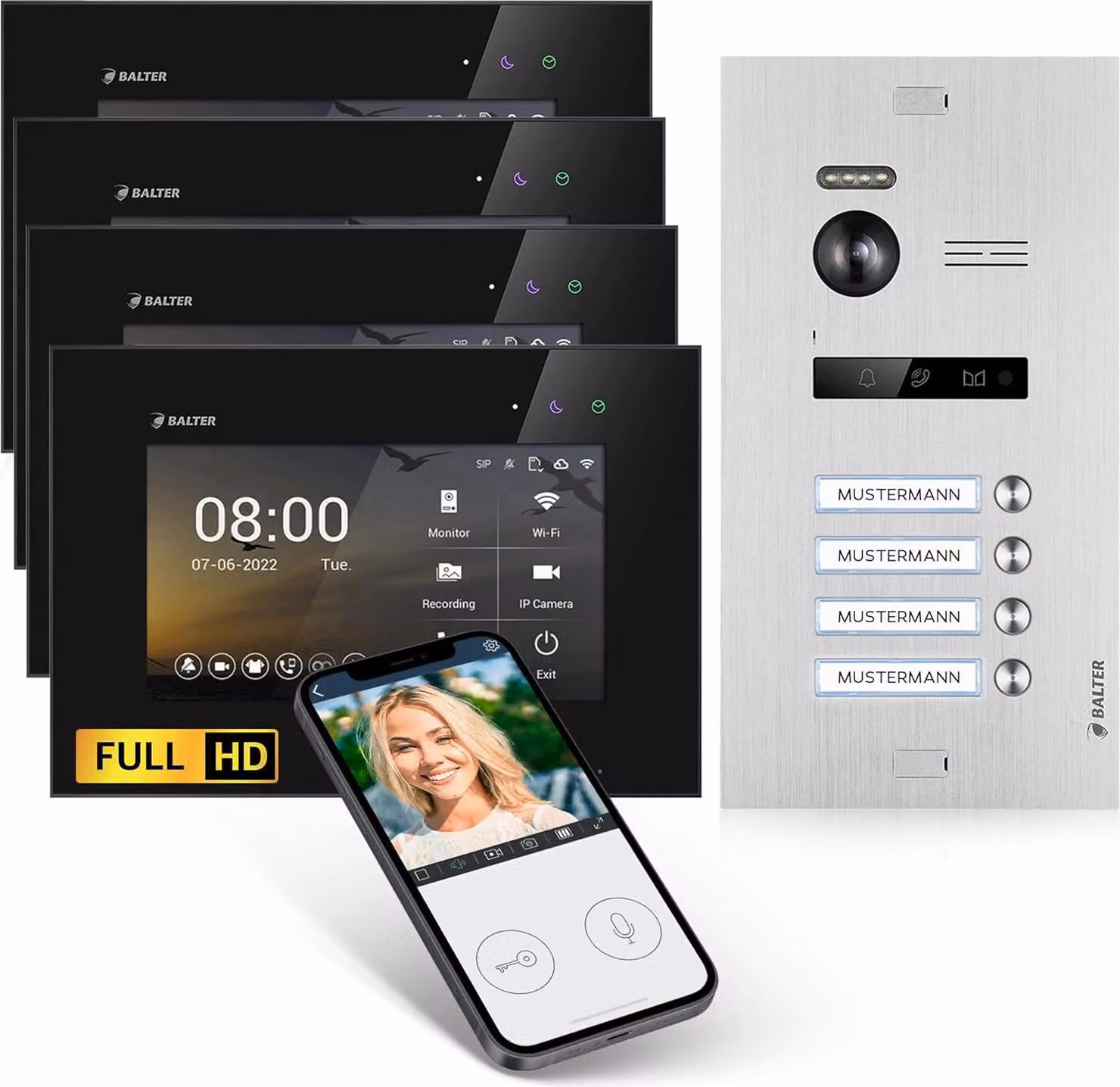 Videocitofono HD con app per smartphone per casa quadrifamiliare, 4x monitor, Balter EVO HD WLAN argento/nero