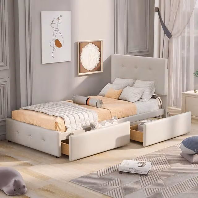 Letto Singolo Imbottito con Cassetti e Rete ¨C MINIMAL ¨C Velluto Beige 90x200