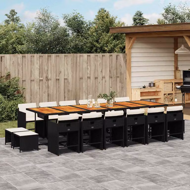 Set da Pranzo da Giardino vidaXL 17 pz in Polyrattan Nero con Cuscini e Piano in Legno di Acacia