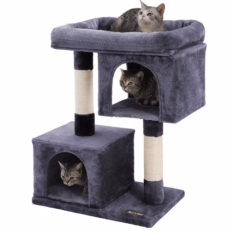 FEANDREA Albero per gatti, colore grigio scuro, altezza 84 cm, con piattaforma, casetta da gioco, 2 rifugi in peluche e struttura per arrampicata, modello PCT61G