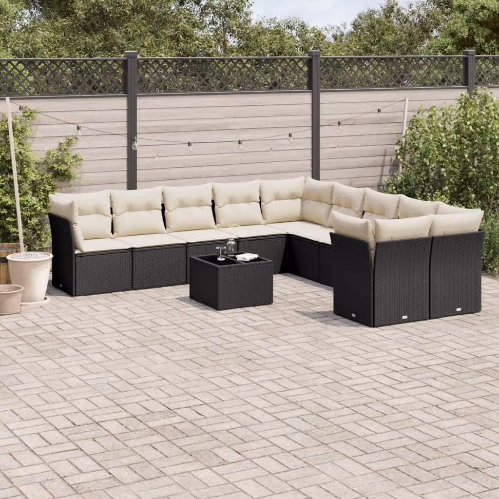 vidaXL Set Divani da Giardino 11 pz a Forma a L con Cuscini e Tavolino da Esterno in Polyrattan e Metallo Nero – 1