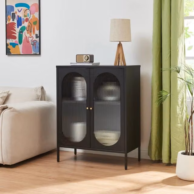 Armadietto Karlskrona en.casa in acciaio con ante in vetro nero L: 80 cm, P: 40 cm, H: 101.5 cm
