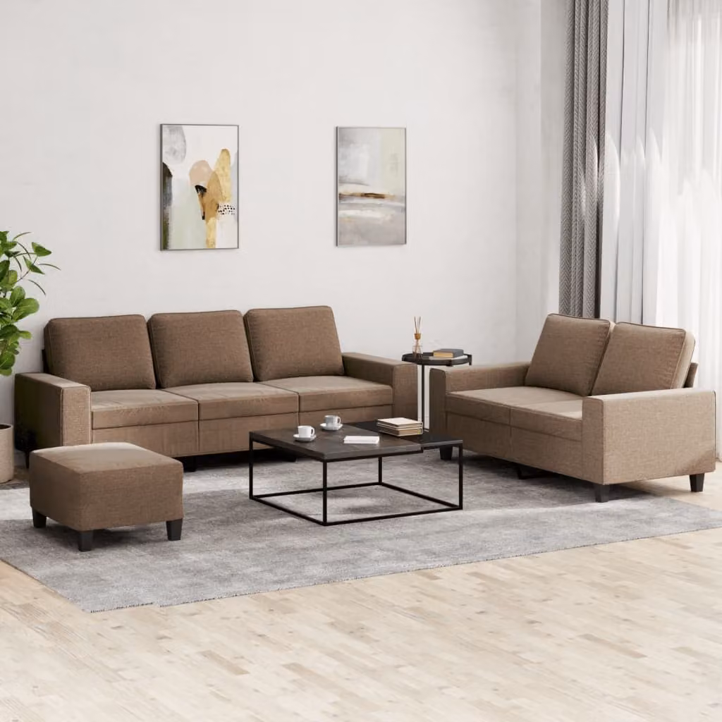 Set di divani vidaXL composto da un divano a 3 posti, un divano a 2 posti e un pouf, rivestiti in tessuto marrone con struttura in metallo e MDF per il tuo soggiorno – 1
