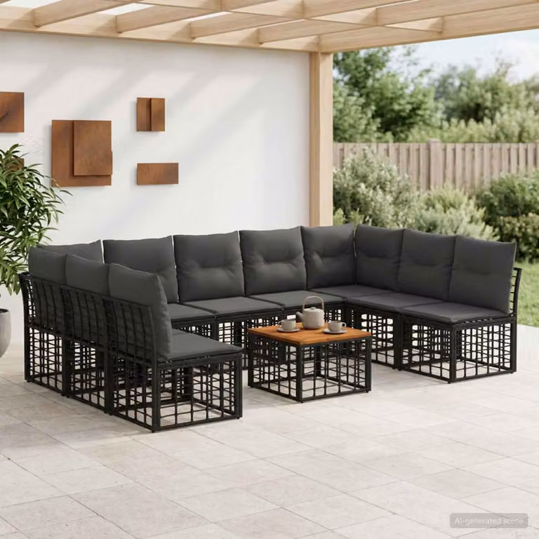 Set di divani da esterno vidaXL a forma di U composto da 10 pezzi con tavolino e cuscini, struttura in metallo e tessuto nero e grigio multicolore per giardino e terrazza