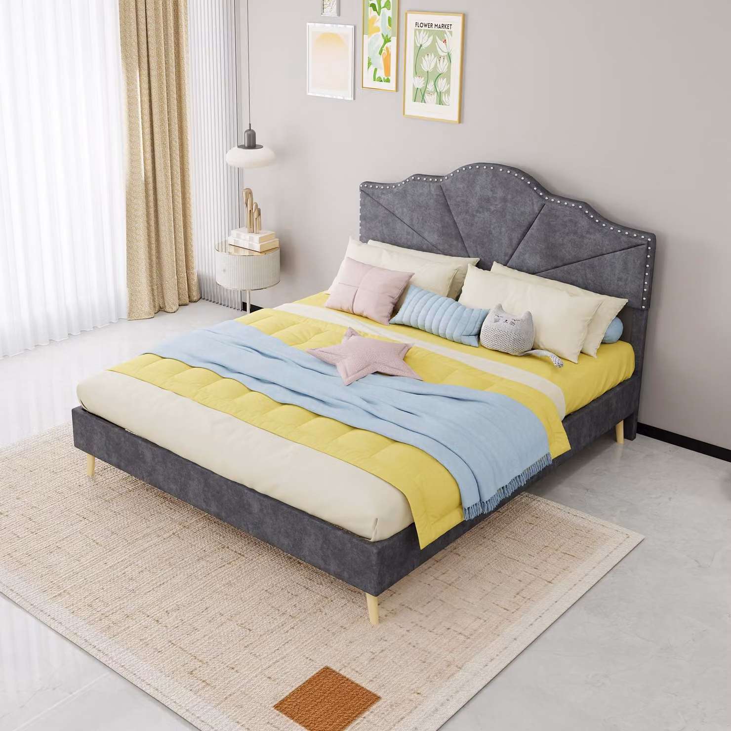 Letto imbottito 160x200 cm, color beige, rivestito in velluto, con base di ricarica wireless, porte USB e USB-C, 4 cassetti, rete a doghe in legno e testiera con vani portaoggetti