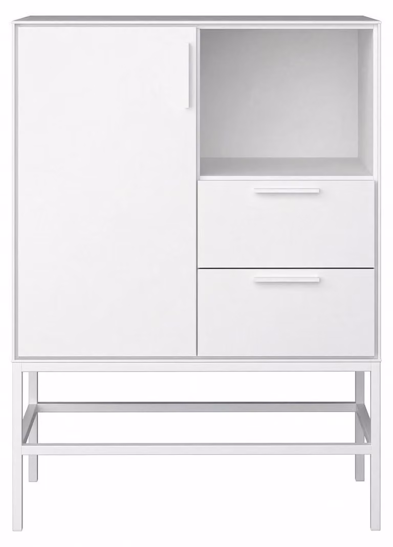 Credenza Ravn 1 anta e 2 cassetti, laccata bianca, struttura in metallo bianco.